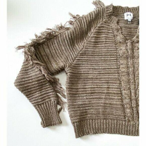 NWT John + Jenn Cable Knit Fringe Sleeve Cotton Sweater, Size M - Picture 4 of 8
